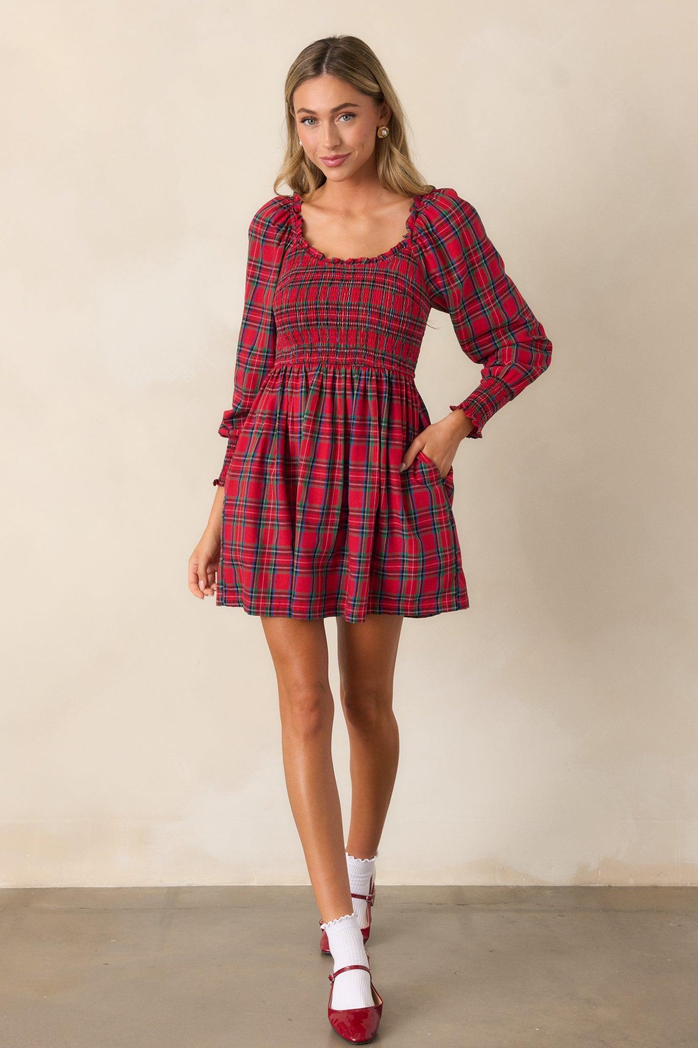 Dance With Me Cotton Red Plaid Long Sleeve Mini Dress Product Image