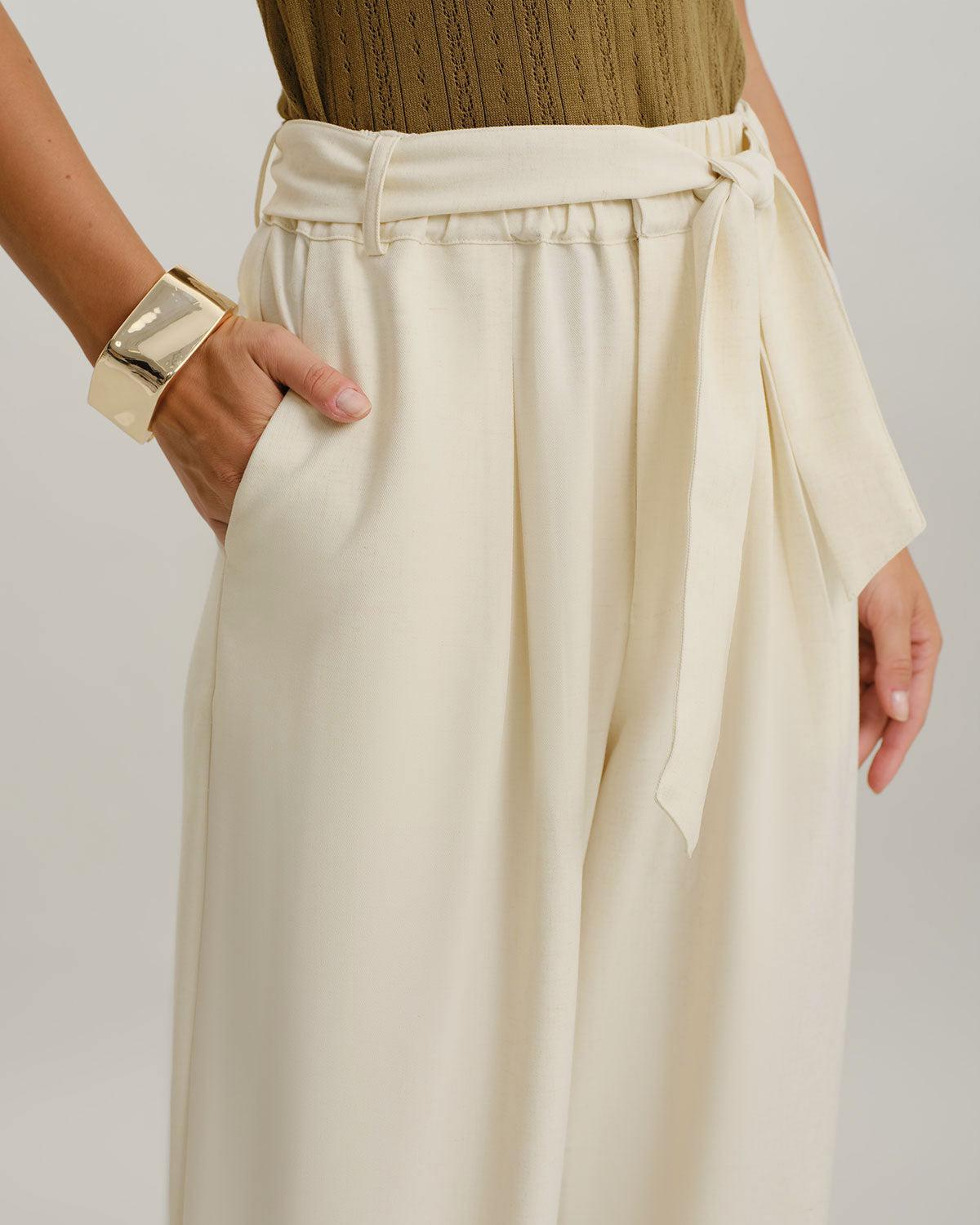 Beige High Waisted Belt Straight Pants Product Image