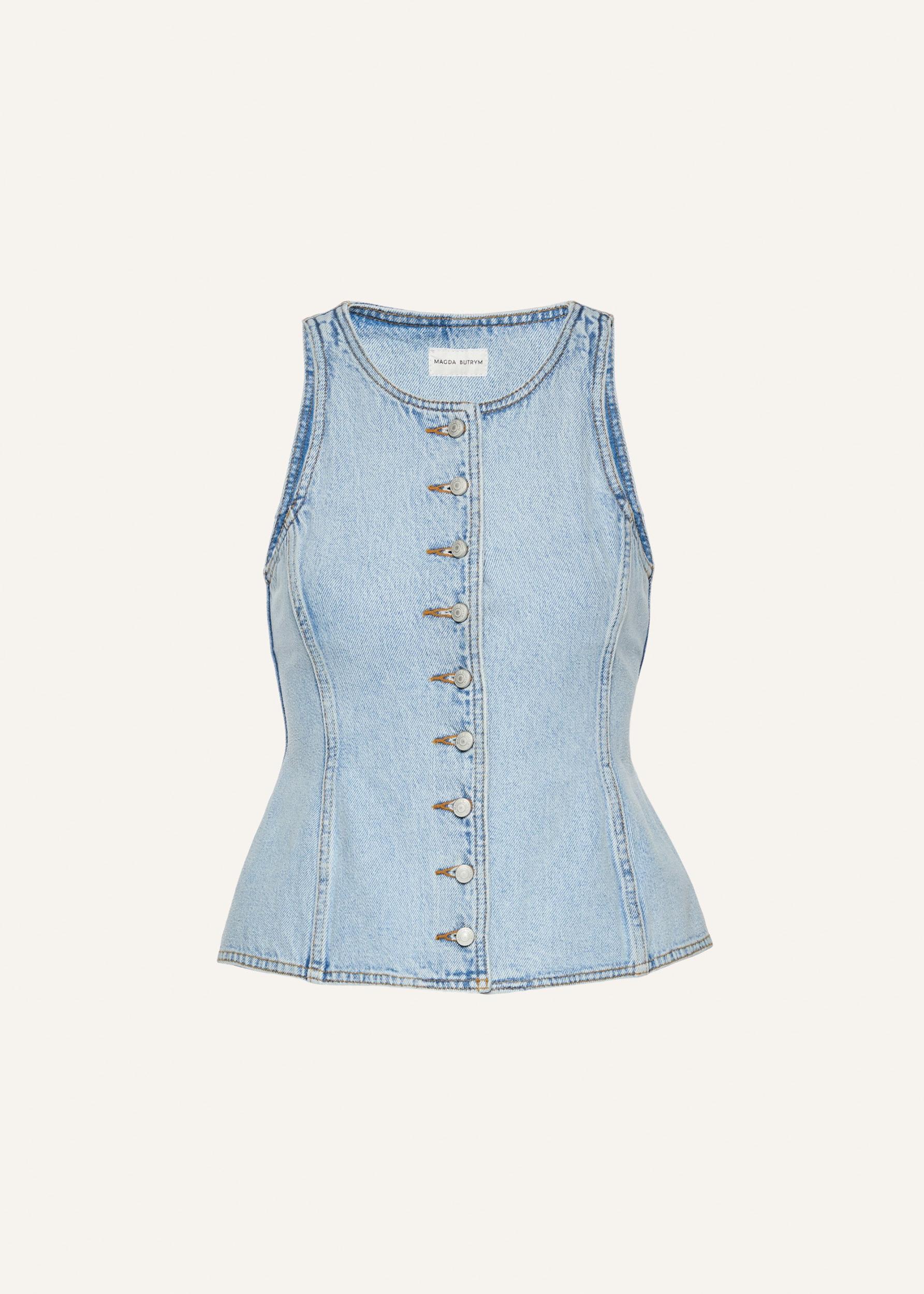 Round neck denim waistcoat in light blue Product Image