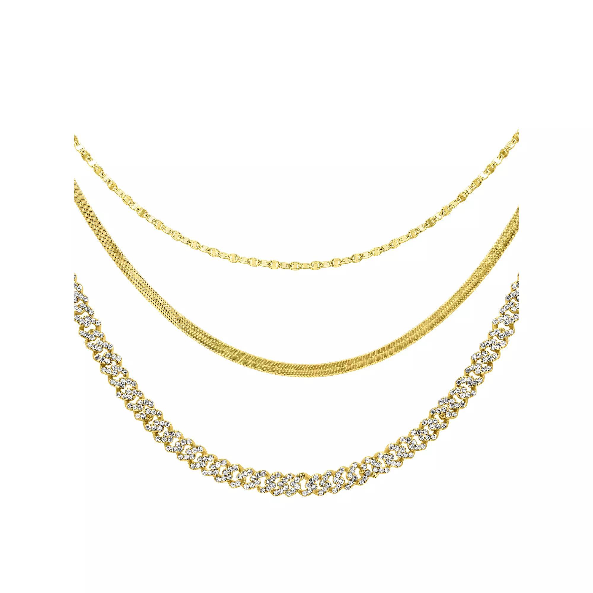 Adornia Gold Tone Adjustable Valentina, Herringbone & Curb Chain Necklace Set, Womens Product Image