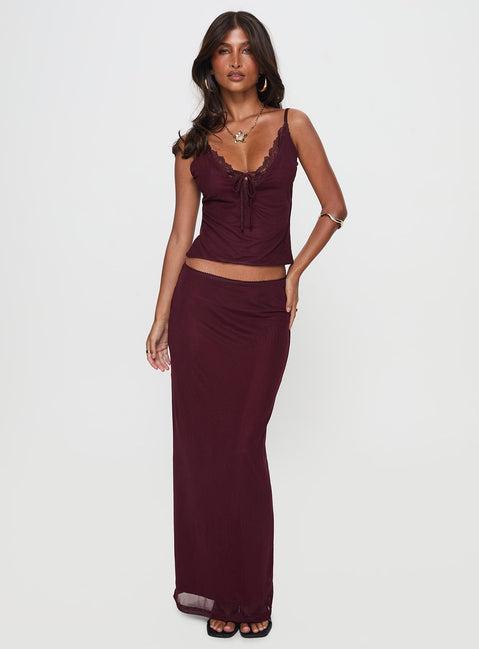 Reiko Lace Trim Tie Front Maxi Set Burgundy Product Image