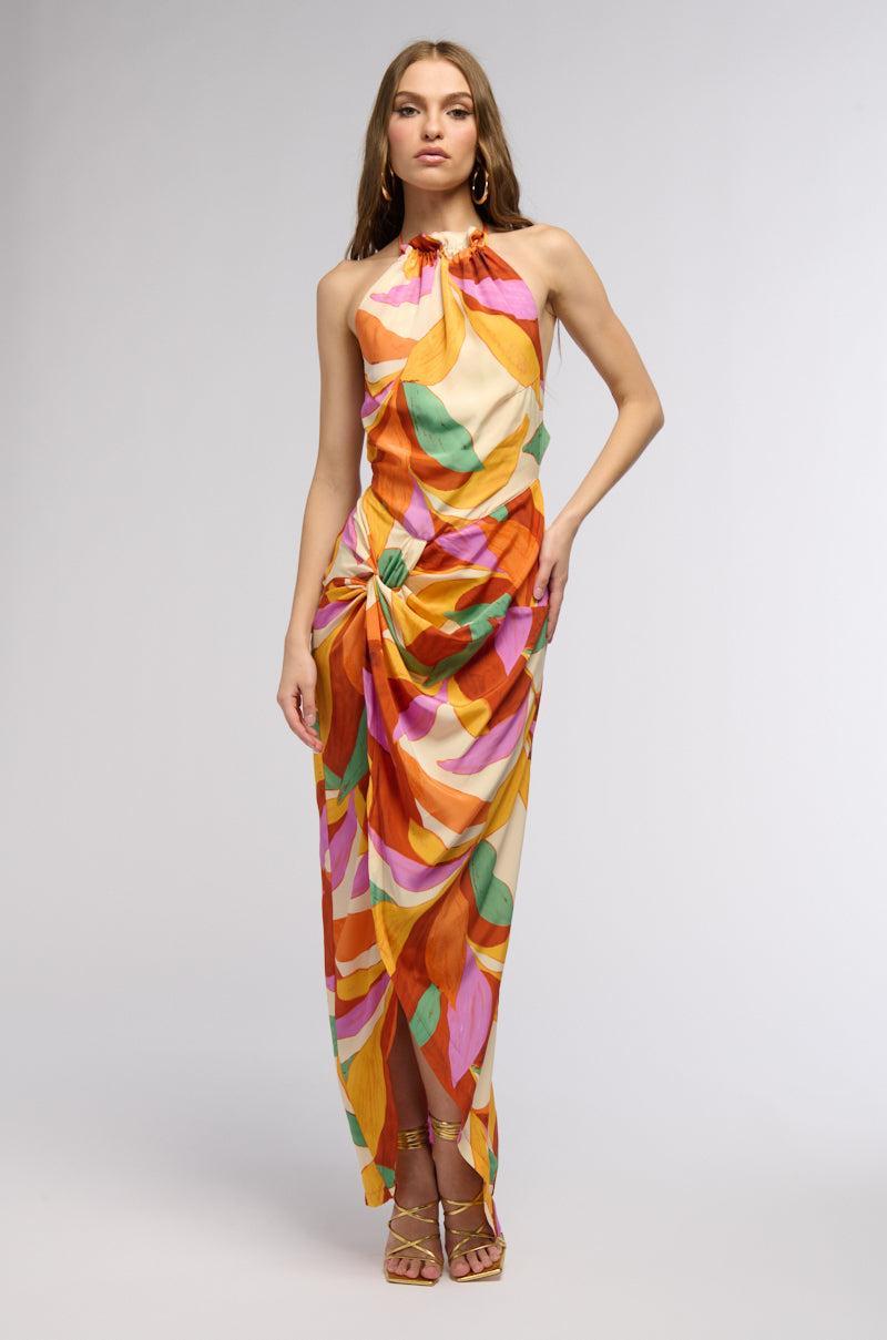 BOTANICAL BEAUTY PRINTED MIDI DRESS IN ORANGE MULTI Product Image