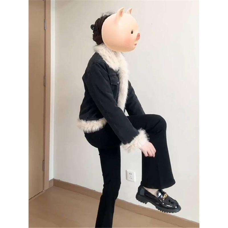 Collared Faux Fur Trim Washed Denim Button Jacket Product Image