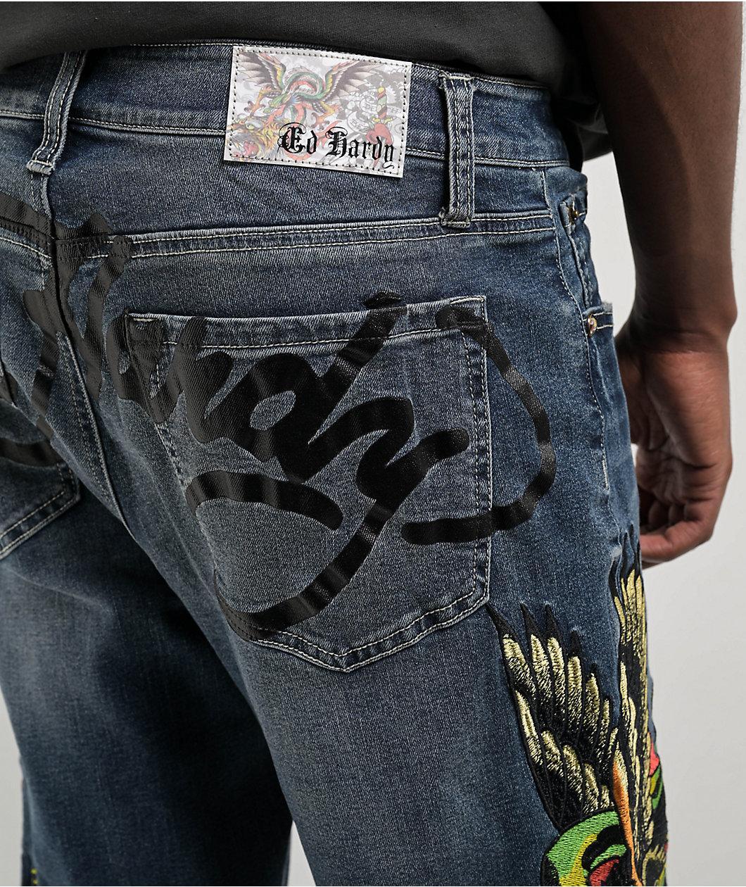 Ed Hardy Eagle Snake Slim Straight Y2K Med Blue Denim Jeans Product Image
