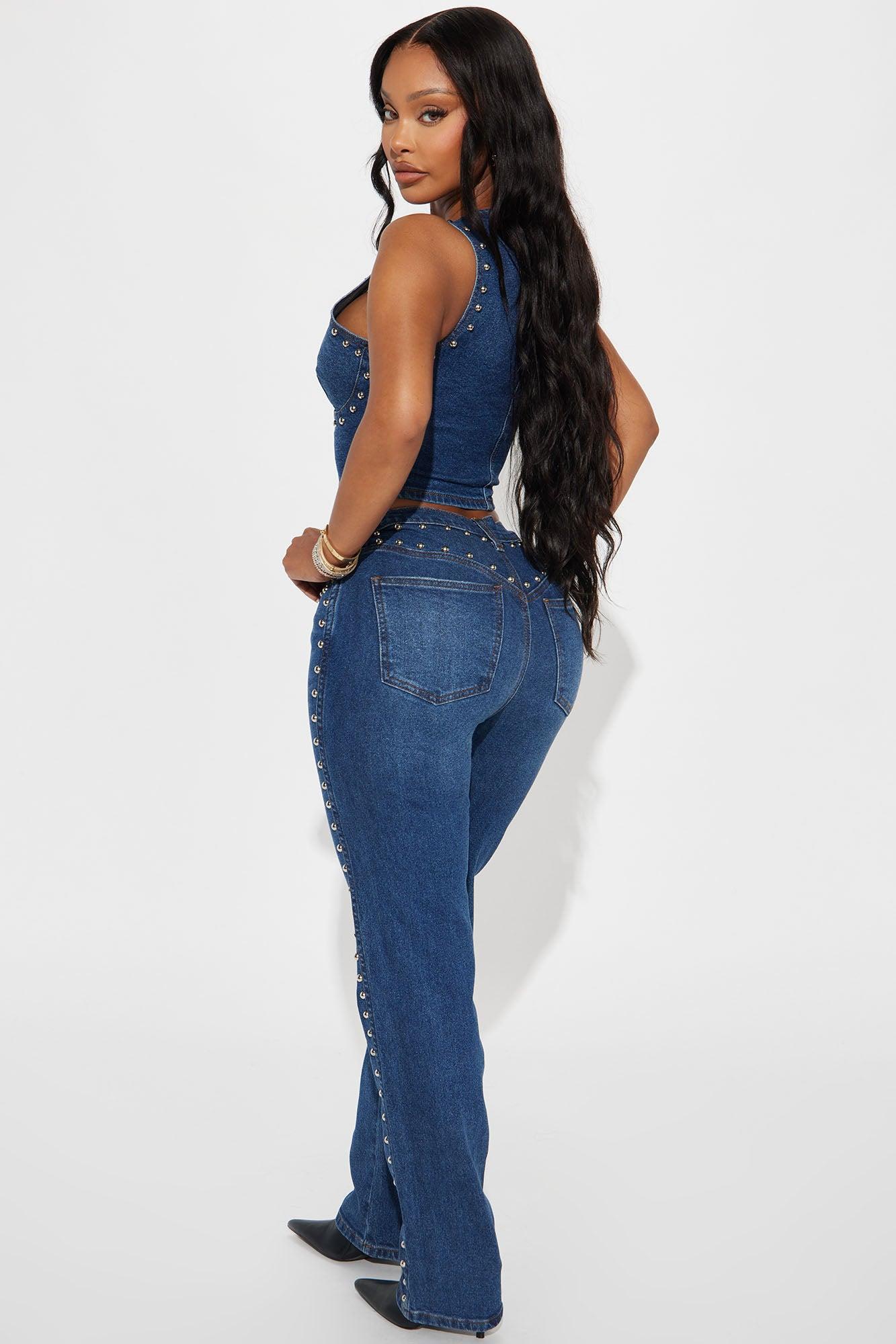 For Keeps Studded Straight Leg Jeans - Medium Wash Product Image