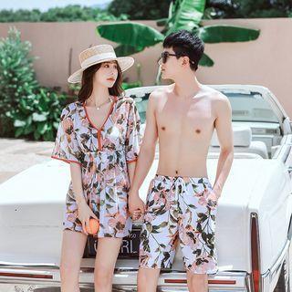 Couple Matching Floral Swim Trunks / Halter Ruffle Hem Tankini Top / Tankini Bottom / Flared-Sleeve Swim Dress / Set Product Image