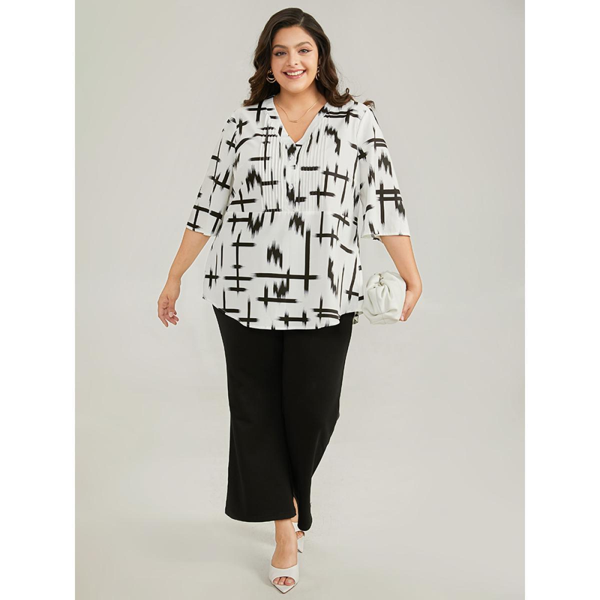 Plus Size Ivory Brush Print V Neck Pleated Ruffles Button Up Blouse Women Office Half Sleeve V-neck Work Blouses BloomChic 10/M Product Image