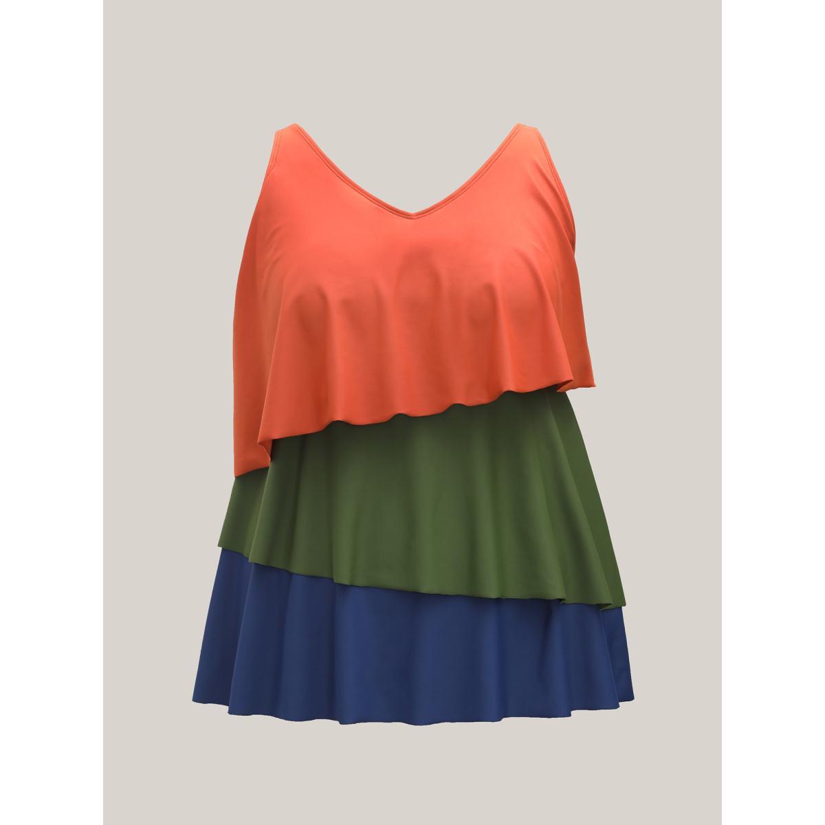 Plus Size Color Block Asymmetrical Hem Swim Top Women's Swimwear Multicolor Beach Contrast High stretch Bodycon V-neck Curve Swim Tops BloomChic 12/L Product Image