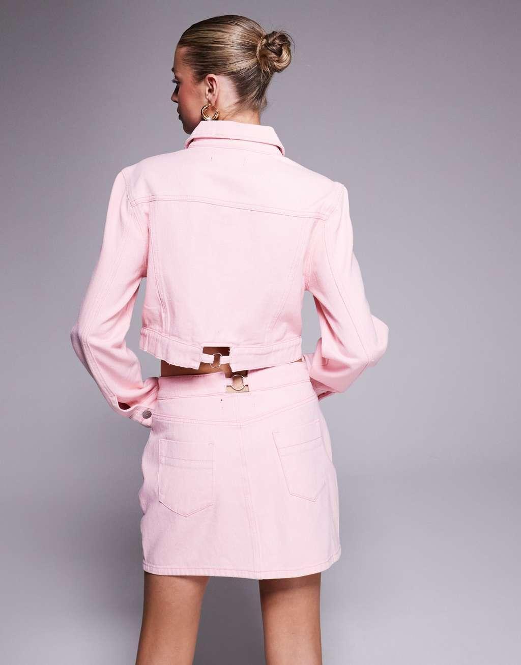 Liquor N Poker denim mini skirt with metal detail waistband in pink acid wash Product Image