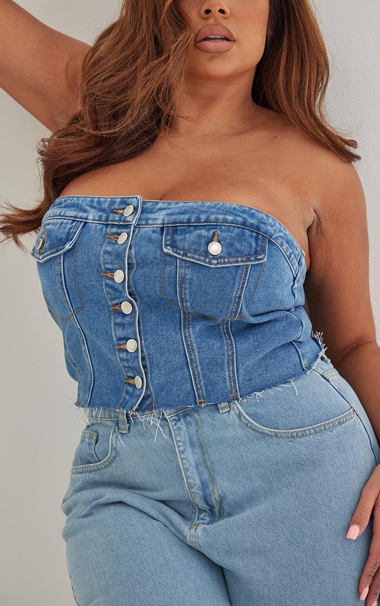 Plus Mid Blue Wash Corset Button Up Crop Top Product Image