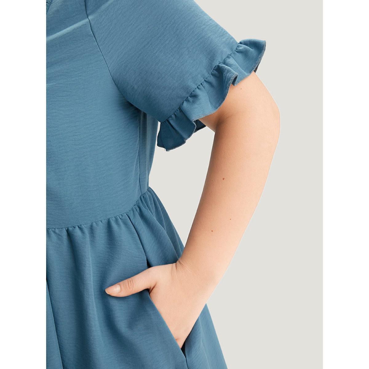 Plus Size Solid Button Detail Keyhole Pocket Frill Trim Dress Cerulean Women Casual Plain V-neck Short sleeve Curvy Midi Dress BloomChic 22-24/3X Product Image