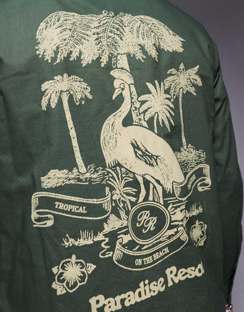 ASOS DESIGN relaxed revere shirt with back placement print in green Product Image