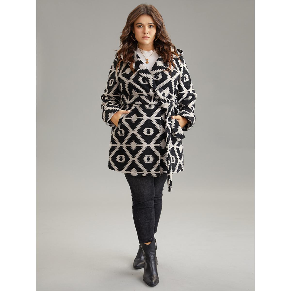 Plus Size Geometric Lapel Collar Pocket Belted Coat Women DarkGray Casual Belted Ladies Dailywear Winter Coats BloomChic 18-20/2X Product Image