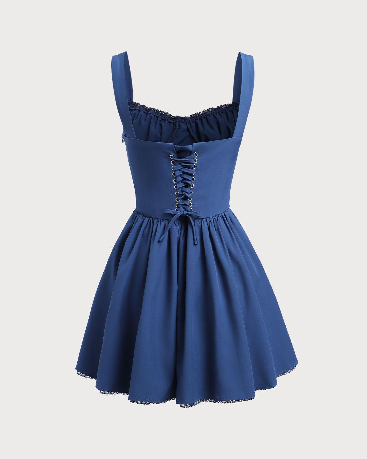 Navy Ruched Square Neck Slip Mini Dress Product Image