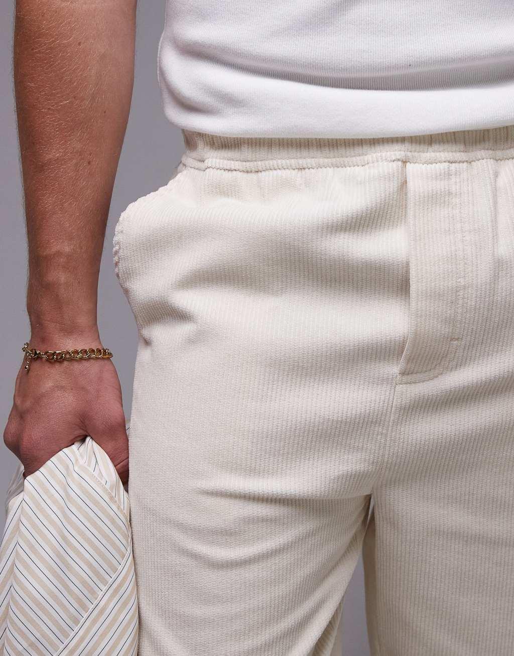 Topman tapered cord pants in ecru Product Image