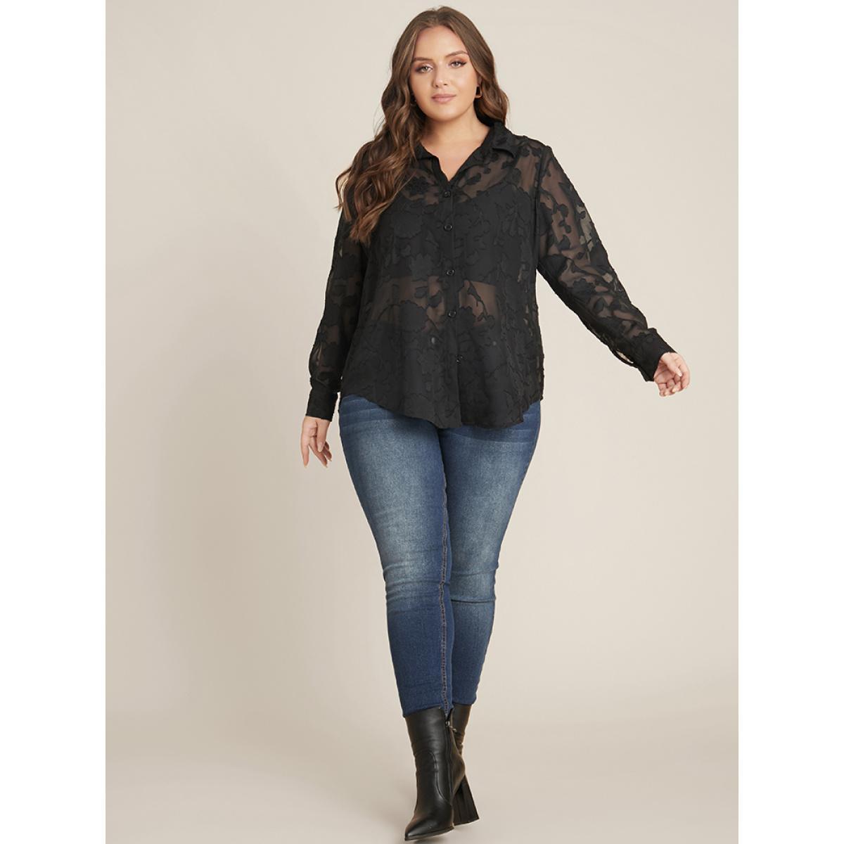 Plus Size Black Floral Chiffon Mesh Button Up Blouse Women Glamour Long Sleeve Shirt collar Going out Blouses BloomChic 28/5X Product Image
