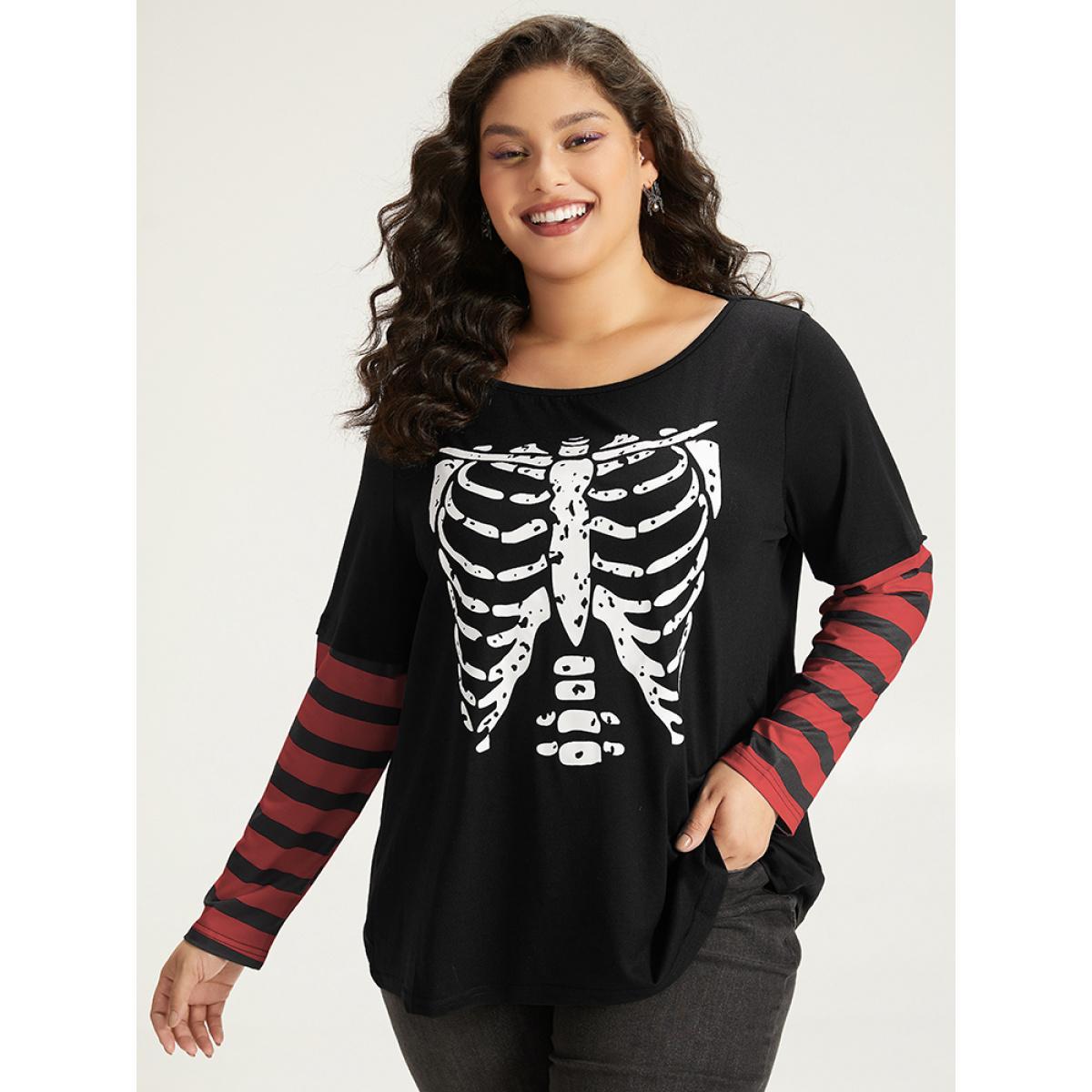 Plus Size Halloween Striped & Skull Print Patchwork T-shirt Red Women Casual Printed Halloween Festival-Halloween T-shirts BloomChic 26/4X Product Image