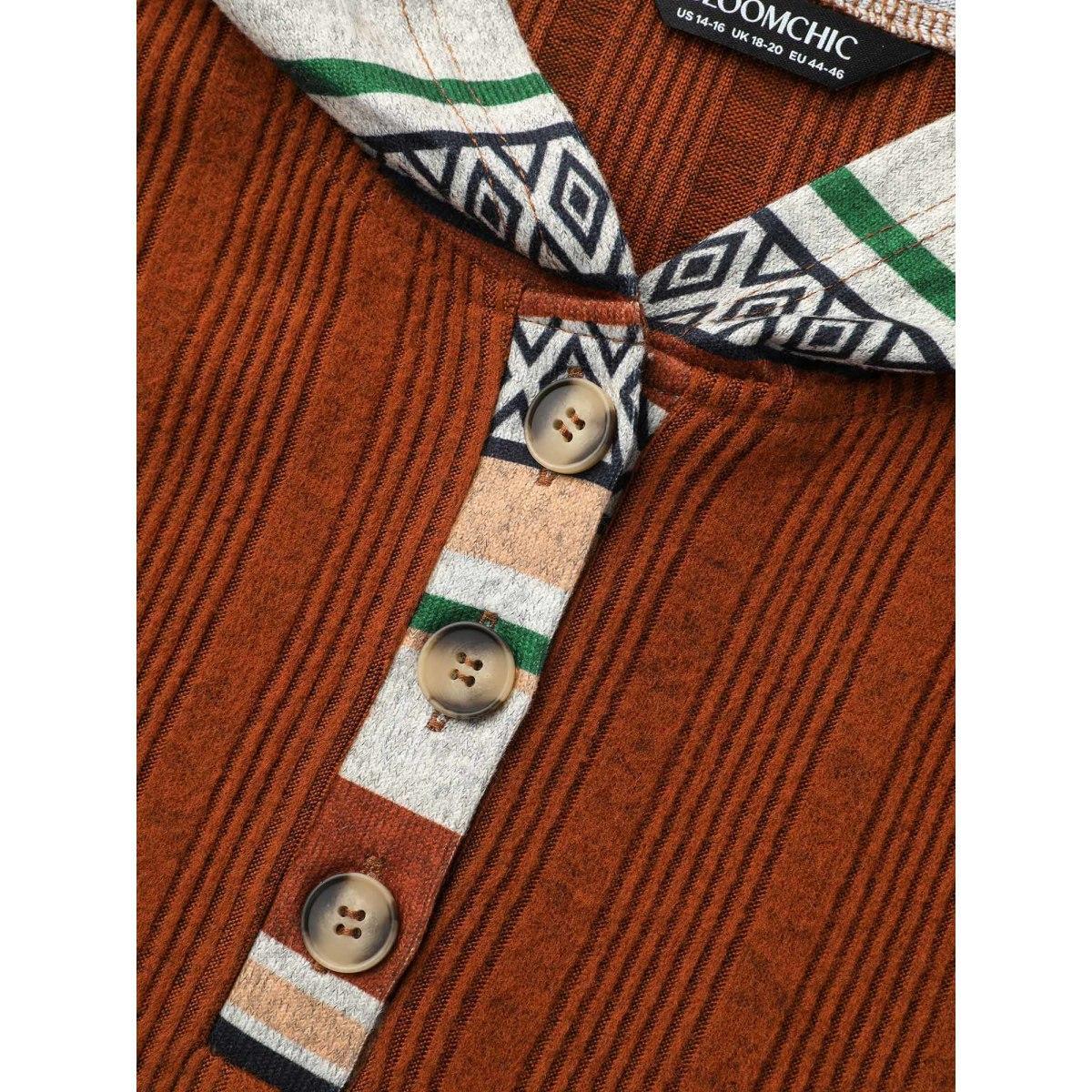 Plus Size Striped Spliced Pocket Hooded T-Shirt Rust Women Casual Texture Hooded Everyday T-shirts BloomChic 12/L Product Image