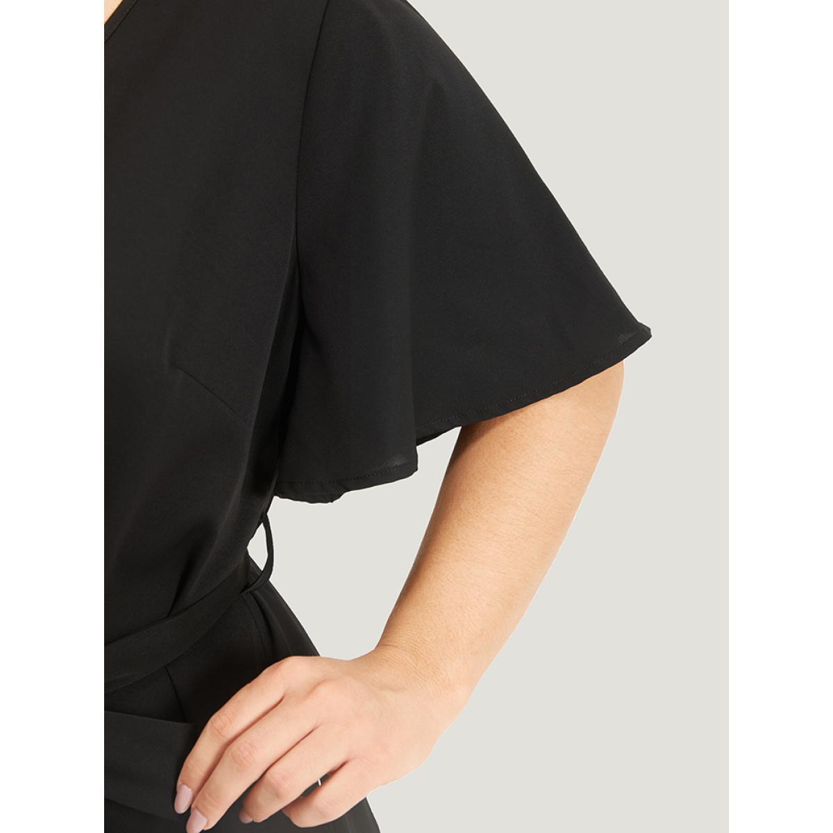Plus Size Striped Patchwork Pocket Button Detail Belted Dress Black Women Office Plain V-neck Short sleeve Curvy Midi Dress BloomChic 28/5X Product Image