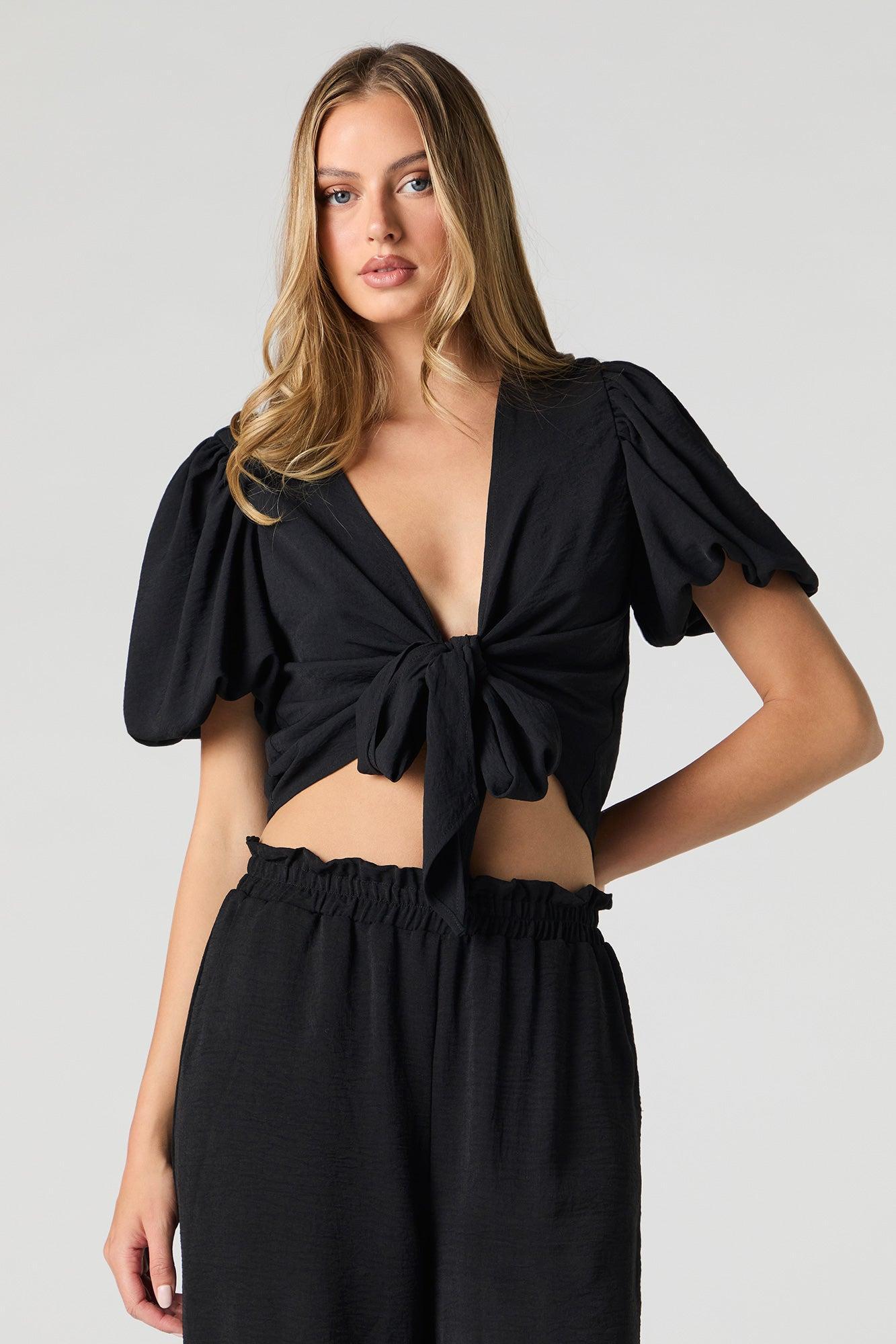 Tie Front Puff Sleeve Crop Top Female Product Image