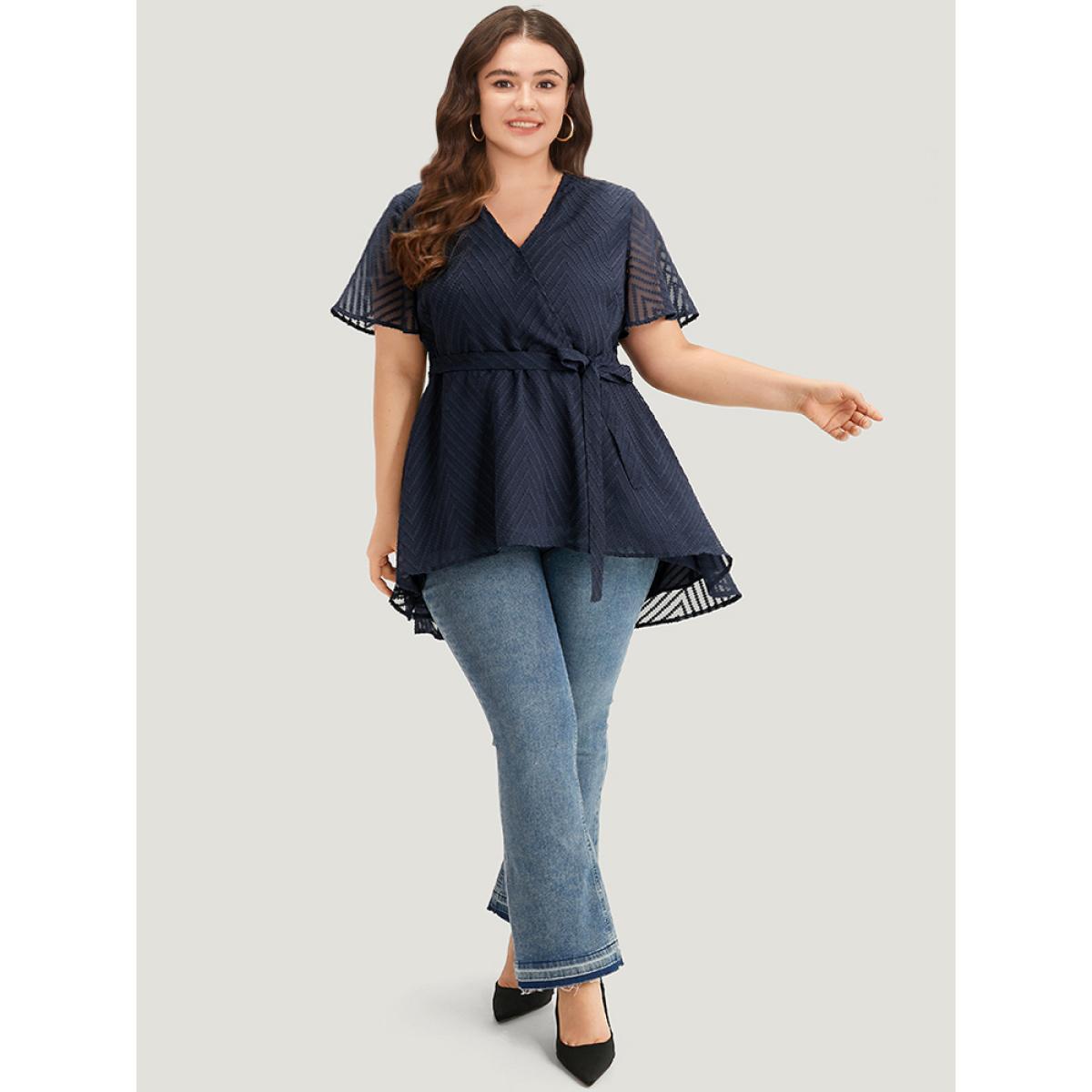 Plus Size Indigo Plain Textured Belted Wrap Mesh Flutter Sleeve Blouse Women Elegant Short sleeve V-neck Dailywear Blouses BloomChic 26/4X Product Image