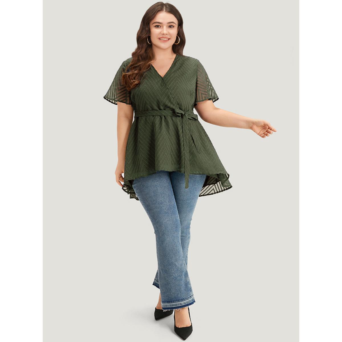 Plus Size ArmyGreen Plain Textured Belted Wrap Mesh Flutter Sleeve Blouse Women Elegant Short sleeve V-neck Dailywear Blouses BloomChic 26/4X Product Image