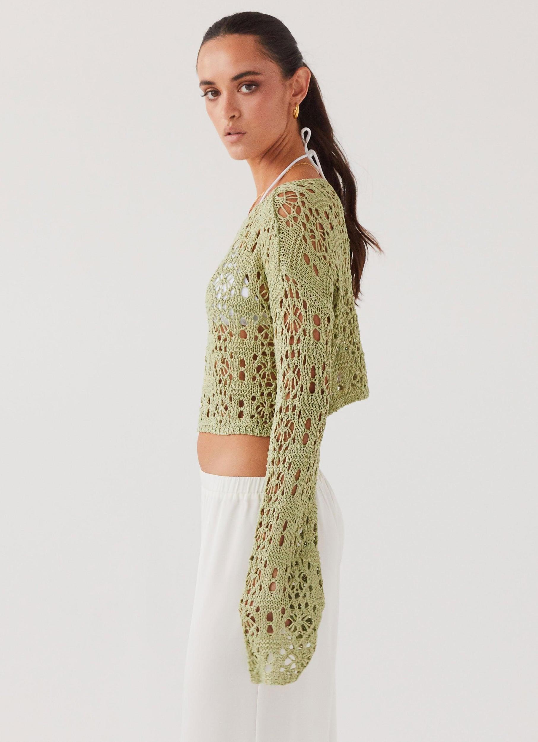Free Mind Crochet Long Sleeve Top - Light Olive Product Image