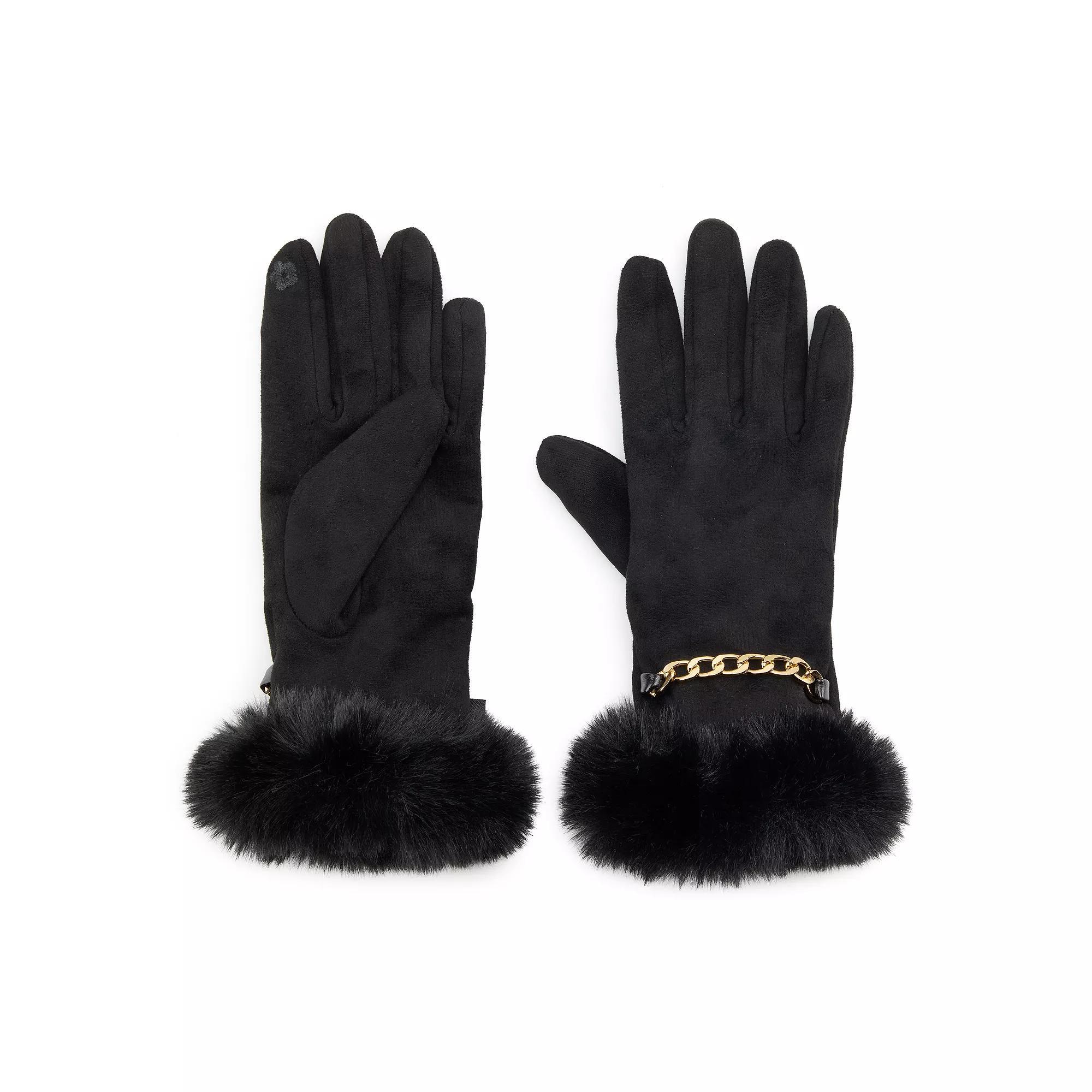 Women's Nanette Lepore Classic Faux Fur-Trimmed Gloves with Chain Accent, Black Product Image