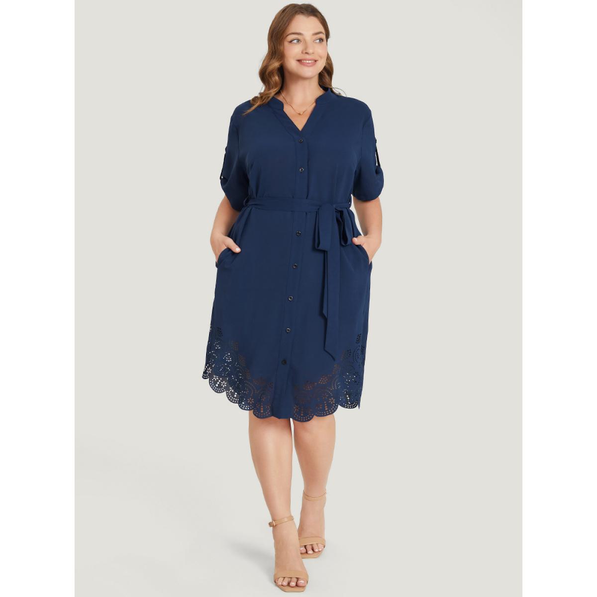 Plus Size Solid Cuffed Sleeve Button Up Belted Laser Cut Arc Hem Dress DarkBlue Women Office Belted Notched collar Short sleeve Curvy Knee Dress BloomChic 18-20/2X Product Image