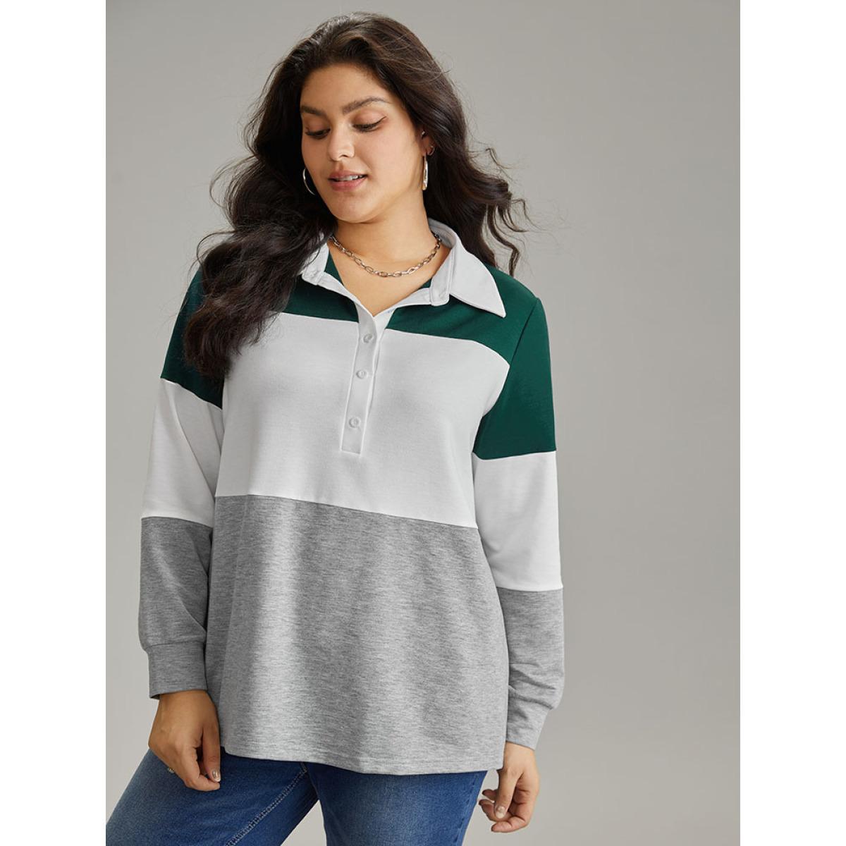 Plus Size Colorblock Contrast Button Up Polo Sweatshirt Women Multicolor Casual Contrast Polo Dailywear Sweatshirts BloomChic 28/5X Product Image