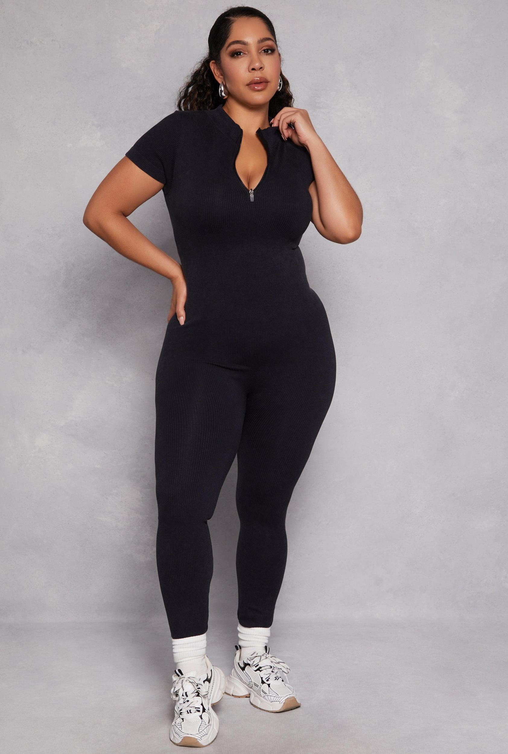 Womens Plus Size Ribbed Knit Zip Neck Catsuit Product Image