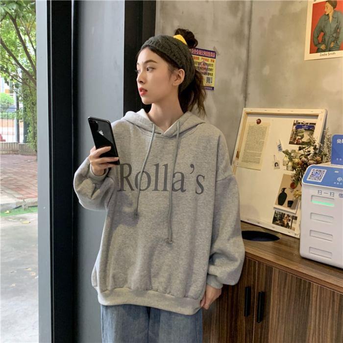 Long Sleeve Lettering Print Hooded Loose-Fit Sweatshirt Product Image
