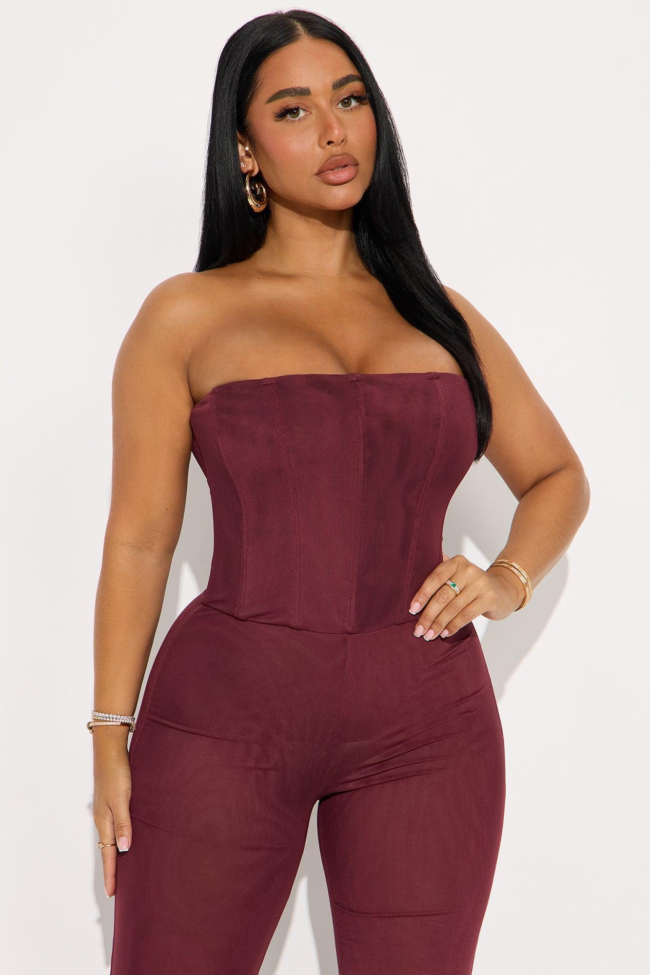 Martina Mesh Double Lined Straight Leg Jumpsuit - Burgundy Product Image