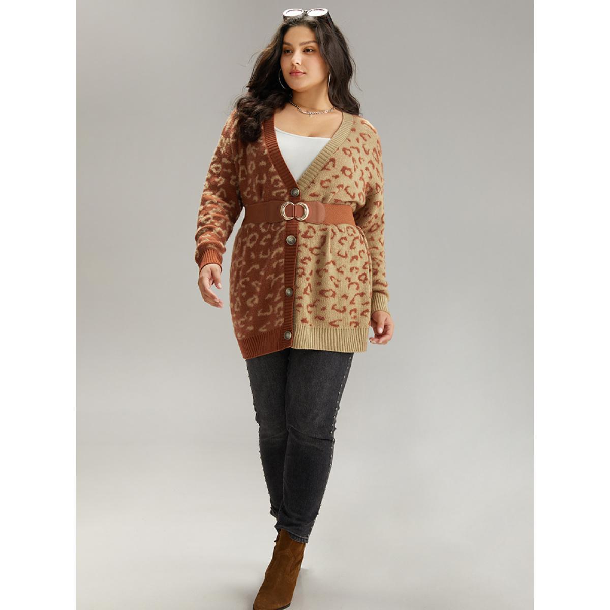 Plus Size Leopard Print Contrast Button Through Cardigan Leopard Women Casual Loose Long Sleeve Dailywear Cardigans BloomChic 30/6X Product Image