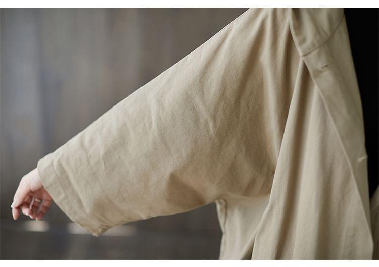 Plain Hooded Button-Up Long Trench Coat Product Image