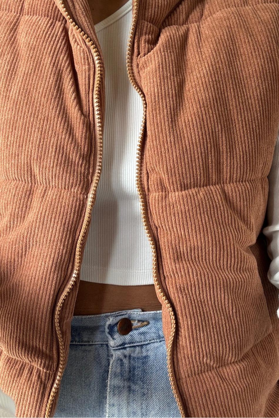 Womens Corduroy Stand Neck Zipped Puffer Vest (S-3XL) Product Image