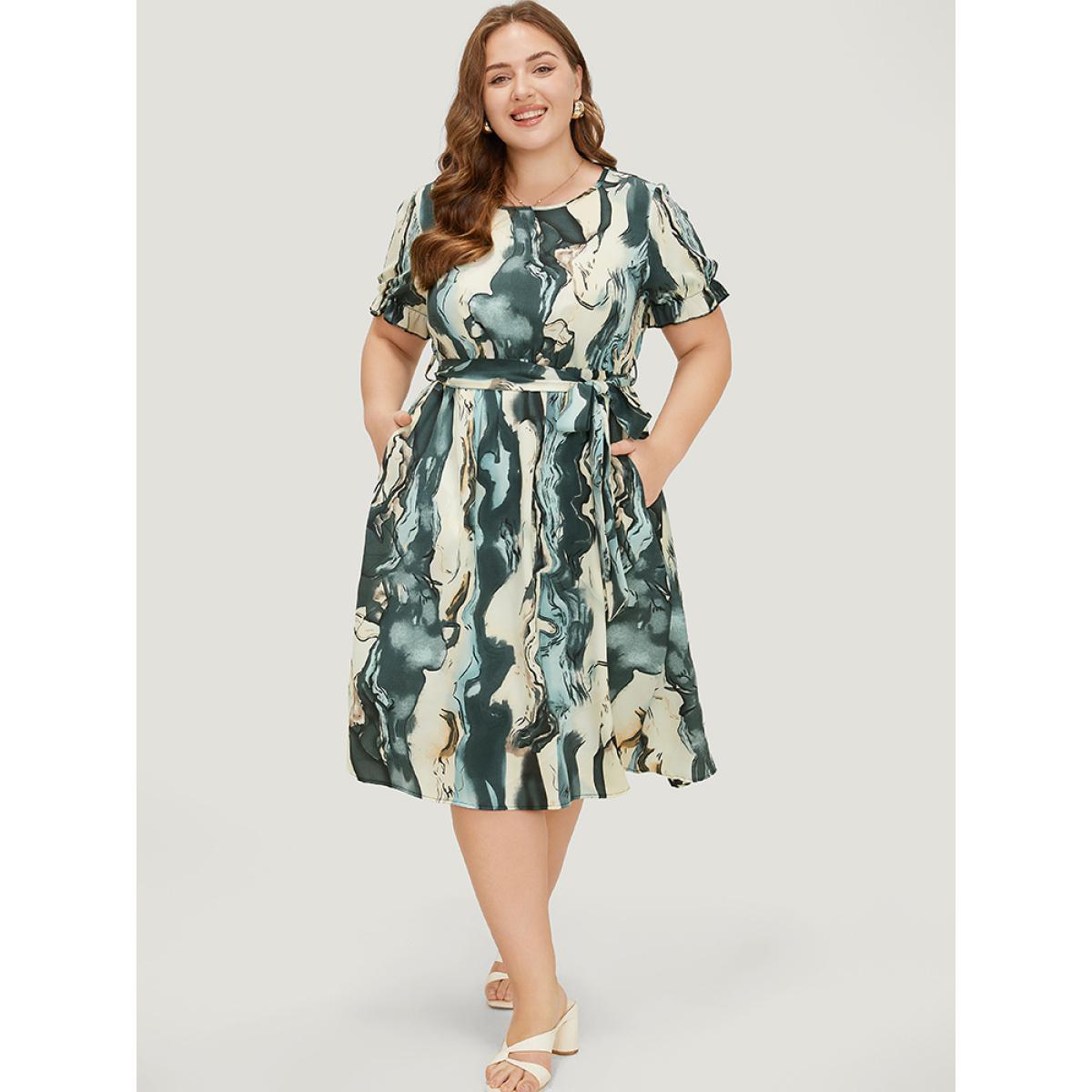 Plus Size Water Ripple Pocket Belt Puff Sleeve Dress Multicolor Women Elegant Round Neck Short sleeve Curvy Midi Dress BloomChic 12/L Product Image