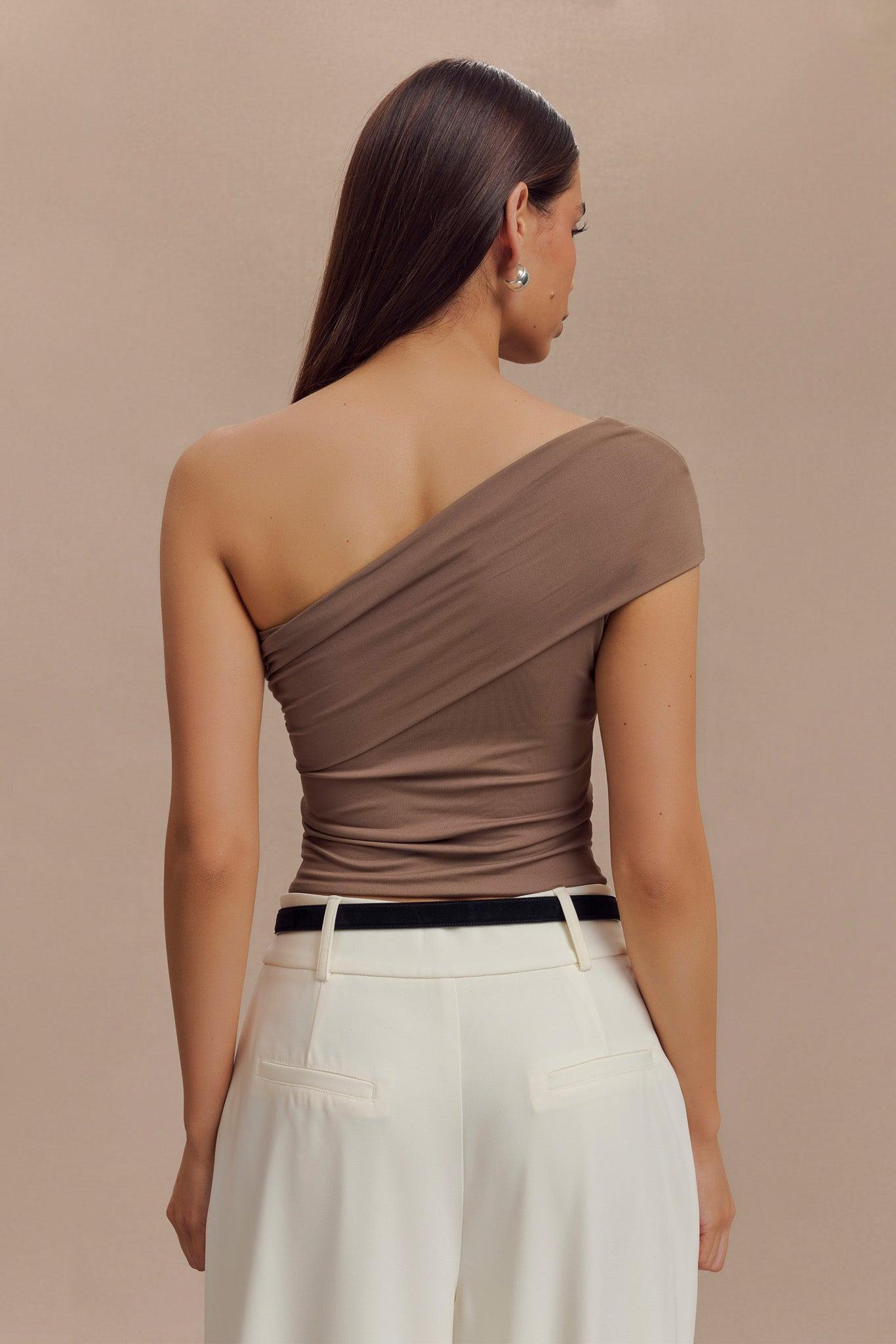 Solene One Shoulder Recycled Nylon Twist Top - Smoke Product Image