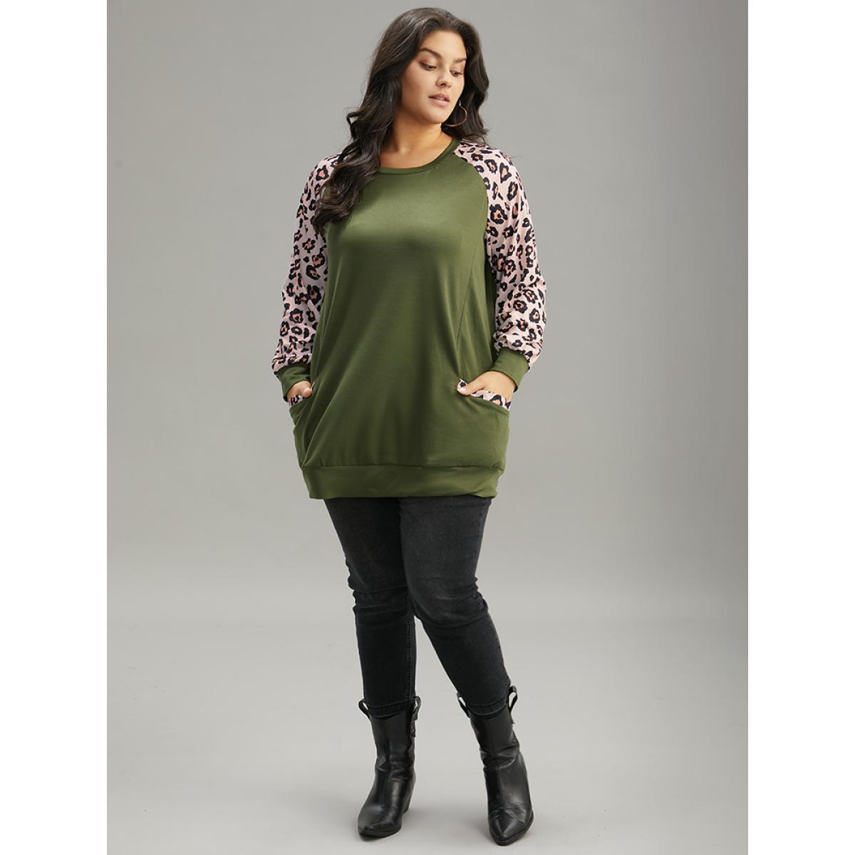 Plus Size Leopard Print Patchwork Contrast Pocket Raglan Sleeve Sweatshirt Women Green Casual Elastic cuffs Round Neck Dailywear Sweatshirts BloomChic 30/6X Product Image