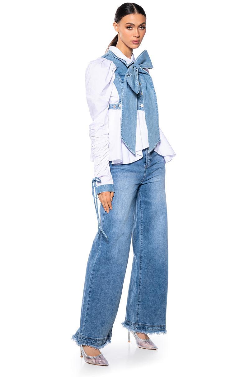 FAITH DENIM TIE POPLIN BLOUSE Product Image