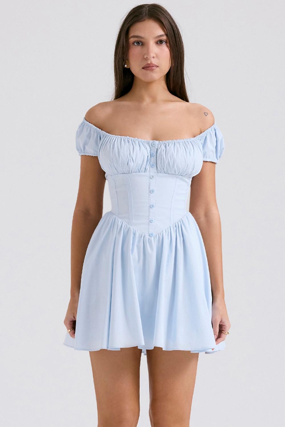 Nala Soft Blue Cotton Gathered Mini Dress Product Image
