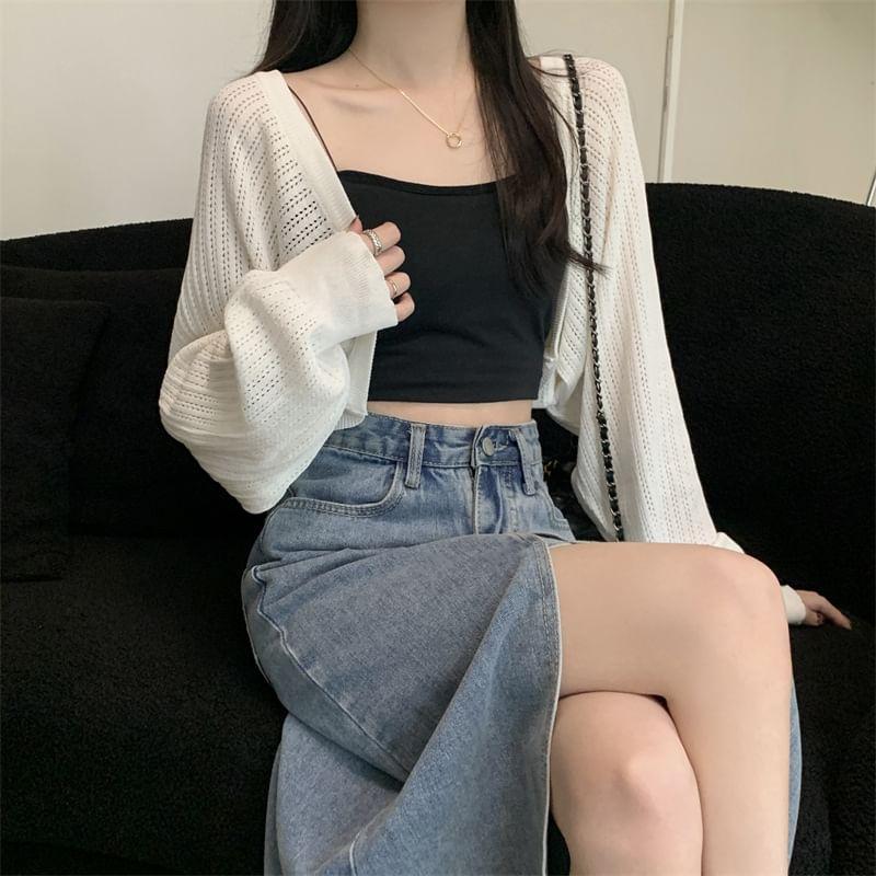 Plain Pointelle Cropped Open Front Cardigan Product Image
