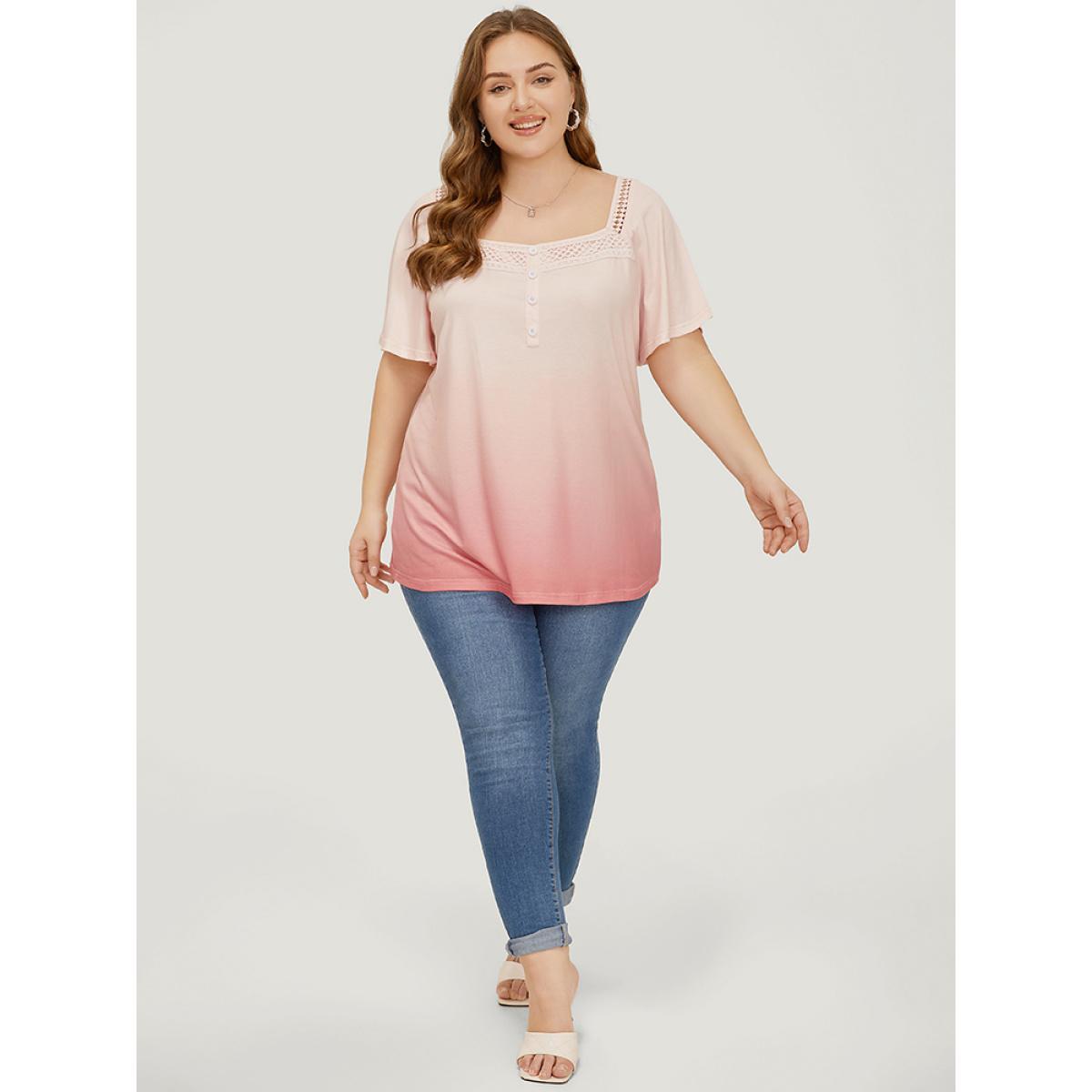 Plus Size Ombre Print Ruffle Sleeve Contrast Lace T-shirt OrangeRed Women Elegant Lace Ombre Square Neck Dailywear T-shirts BloomChic 26/4X Product Image