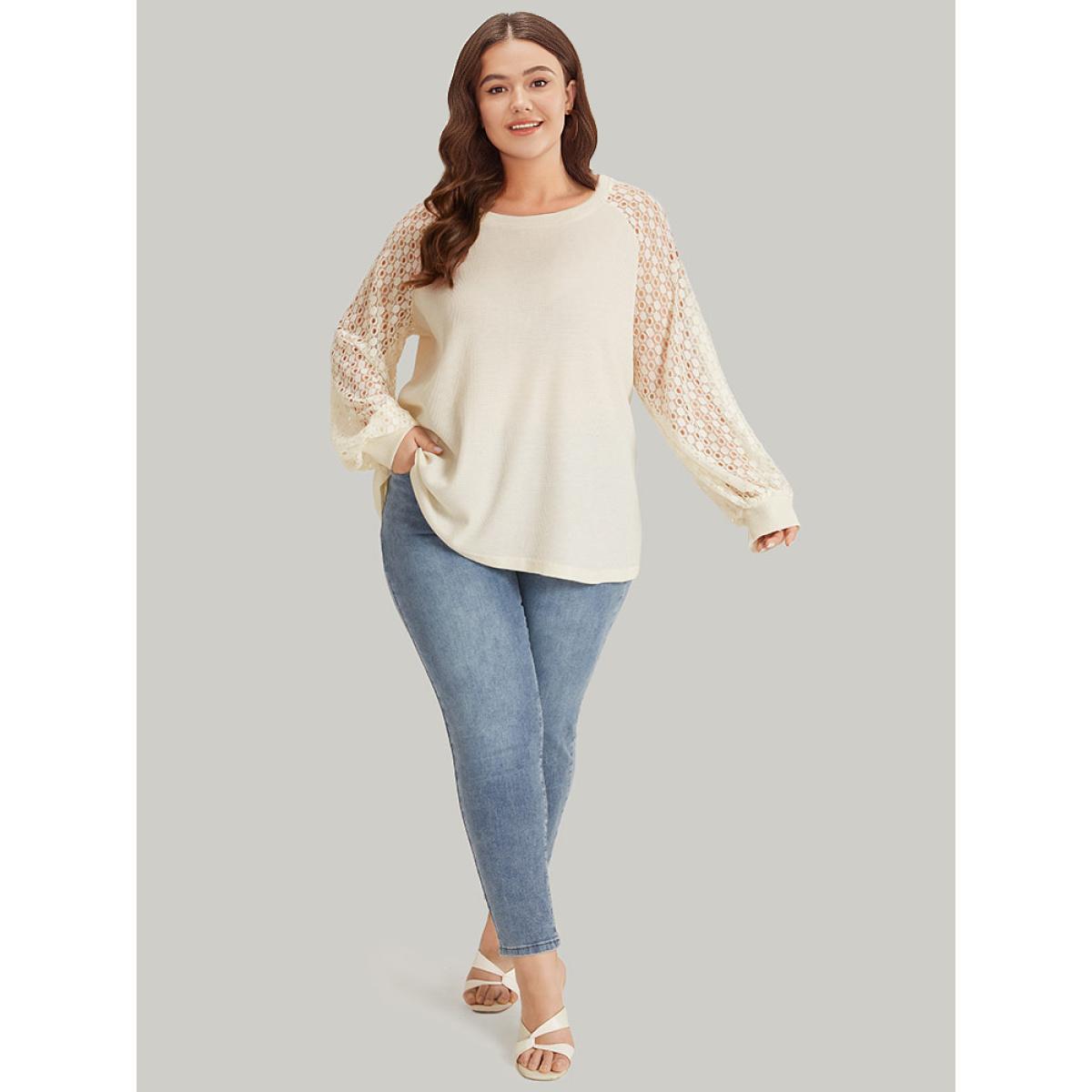 Plus Size Lace Panel Raglan Sleeve Waffle Knit Sweatshirt Women Ivory Elegant Patchwork Round Neck Dailywear Sweatshirts BloomChic 26/4X Product Image