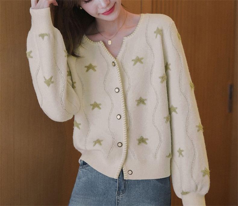 Round Neck Star Print Button Cropped Cardigan Product Image