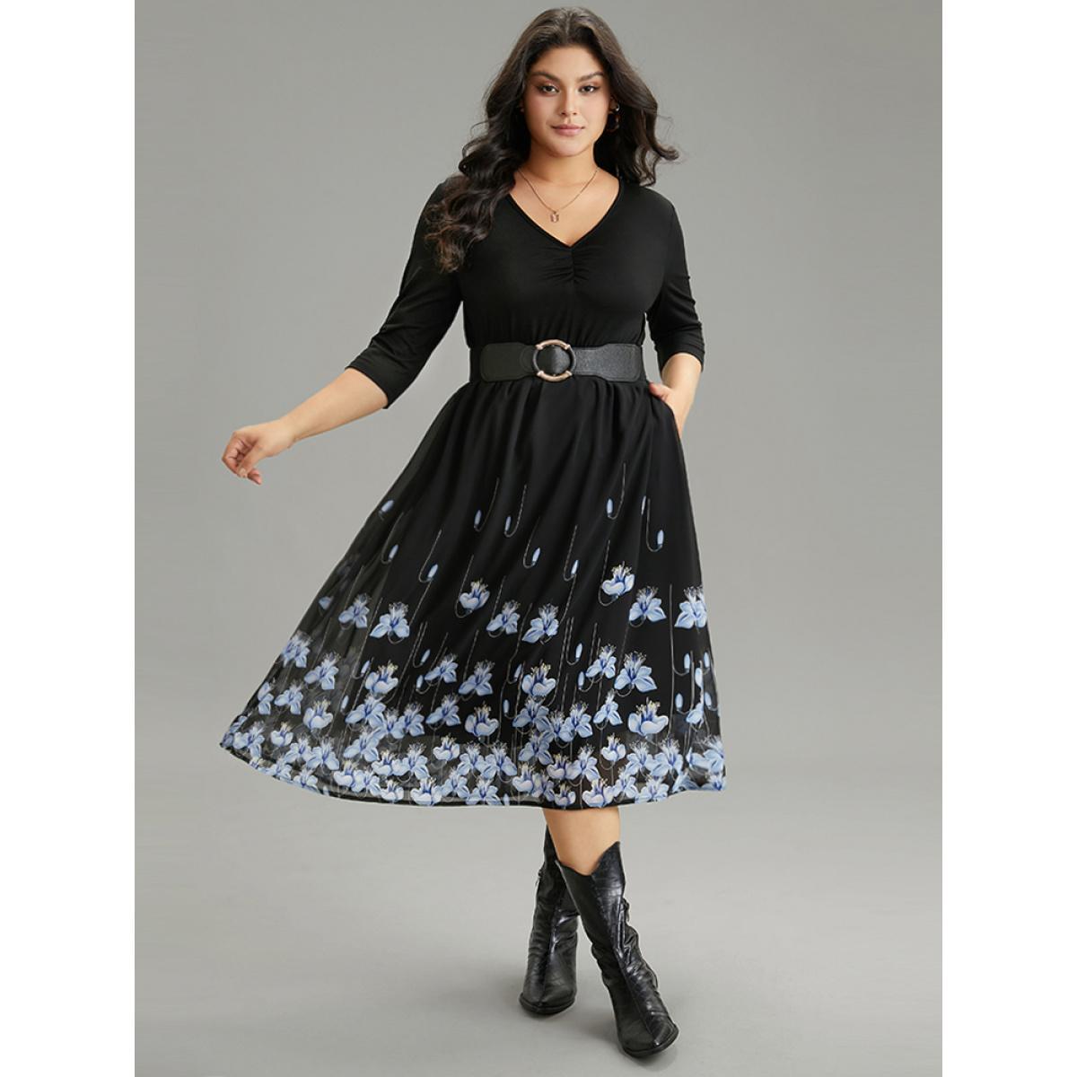 Plus Size Boho Print Ruched Elastic Waist Chiffon Dress Black Women Elegant Gathered V-neck Elbow-length sleeve Curvy Midi Dress BloomChic 12/L Product Image