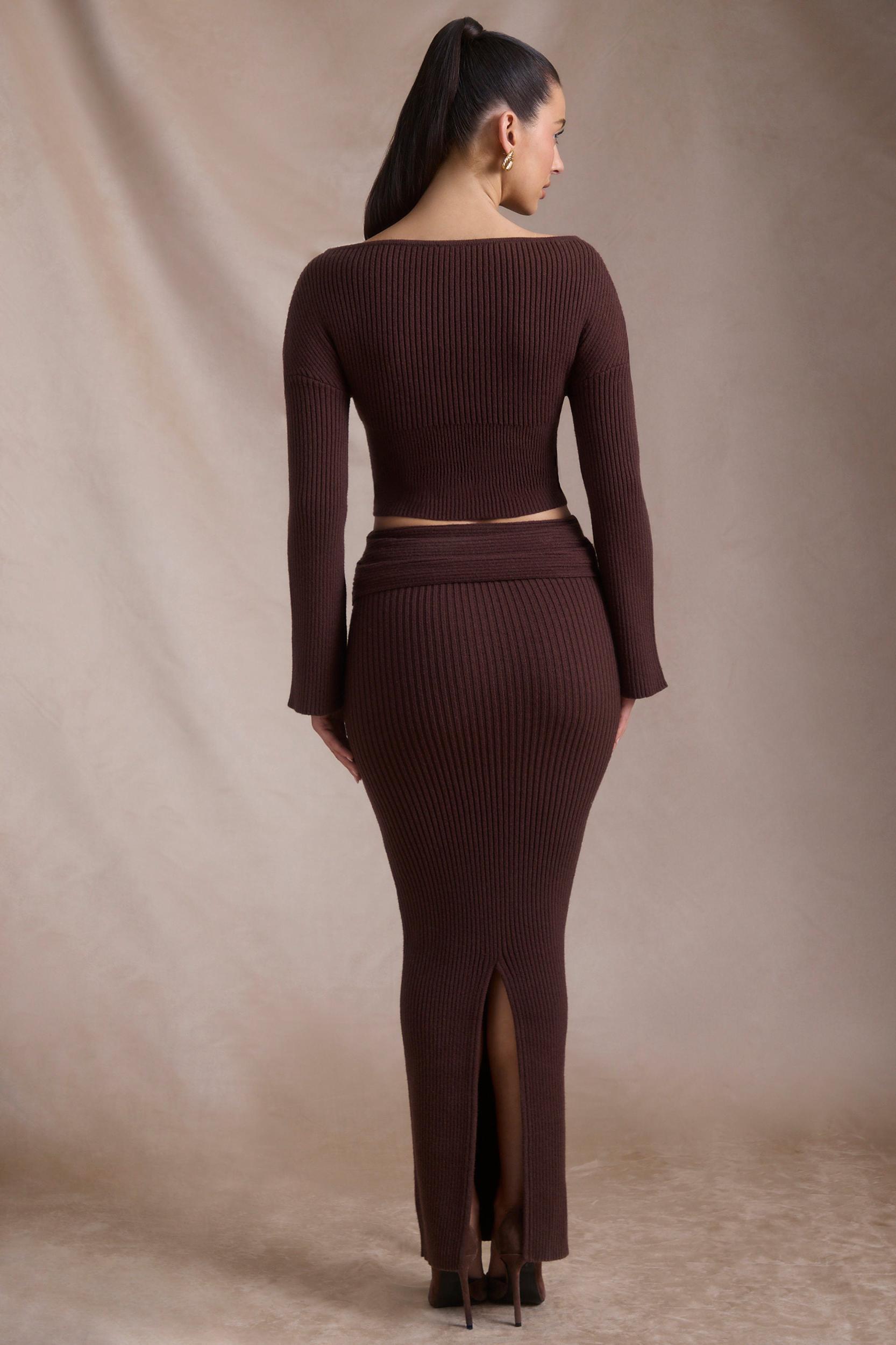 Ribbed-Knit Foldover Maxi Skirt in Espresso Product Image