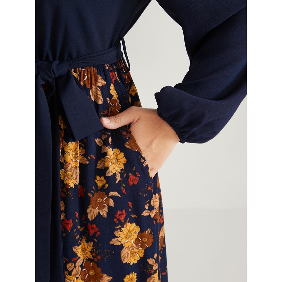 Plus Size Floral Split Lantern Sleeve Pocket Flutter Belted Dress Navy Women Elegant Printed V-neck Long Sleeve Curvy Midi Dress BloomChic 30/6X Product Image