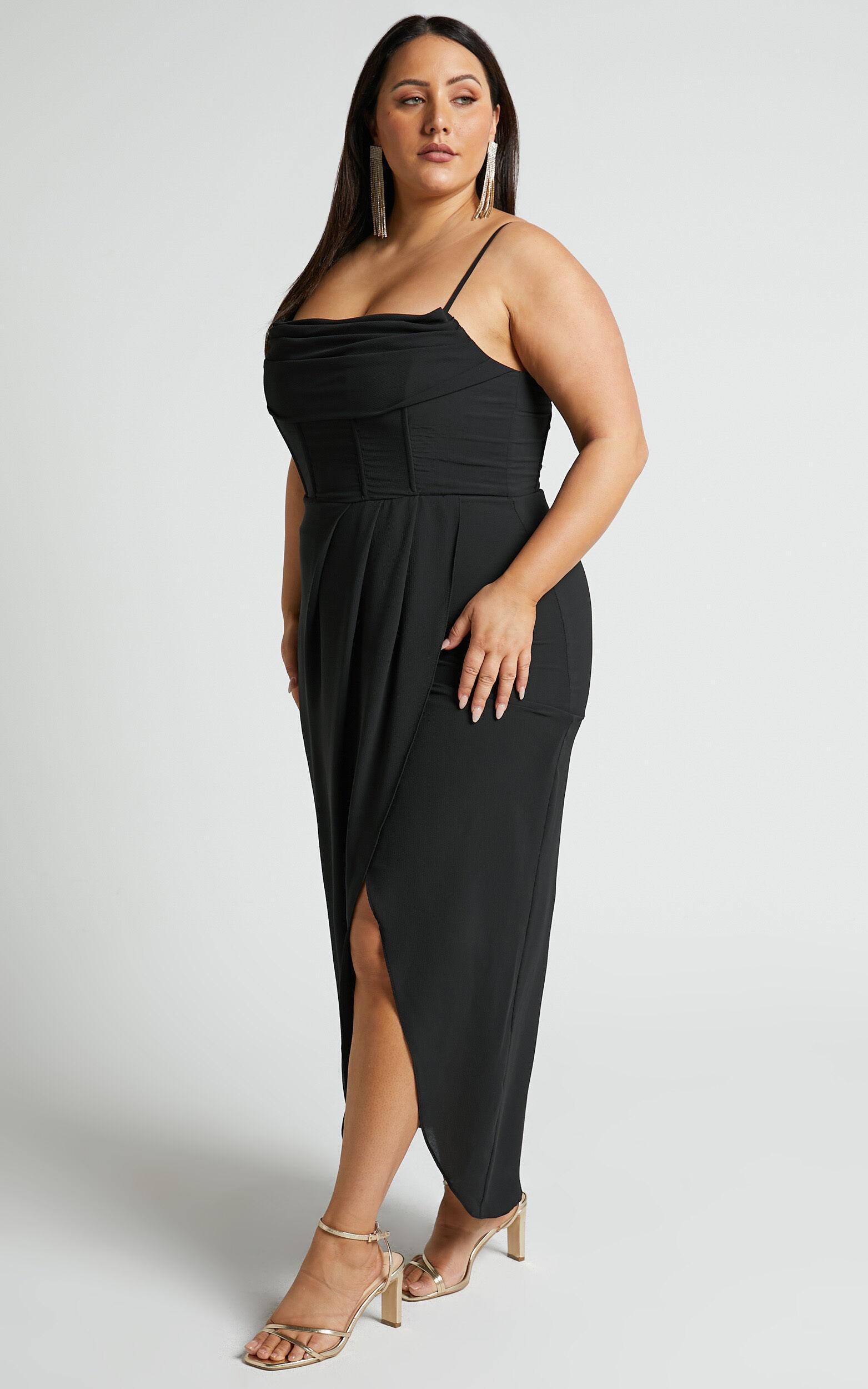 Andrina Midi Dress - High Low Wrap Corset Dress in Black Product Image