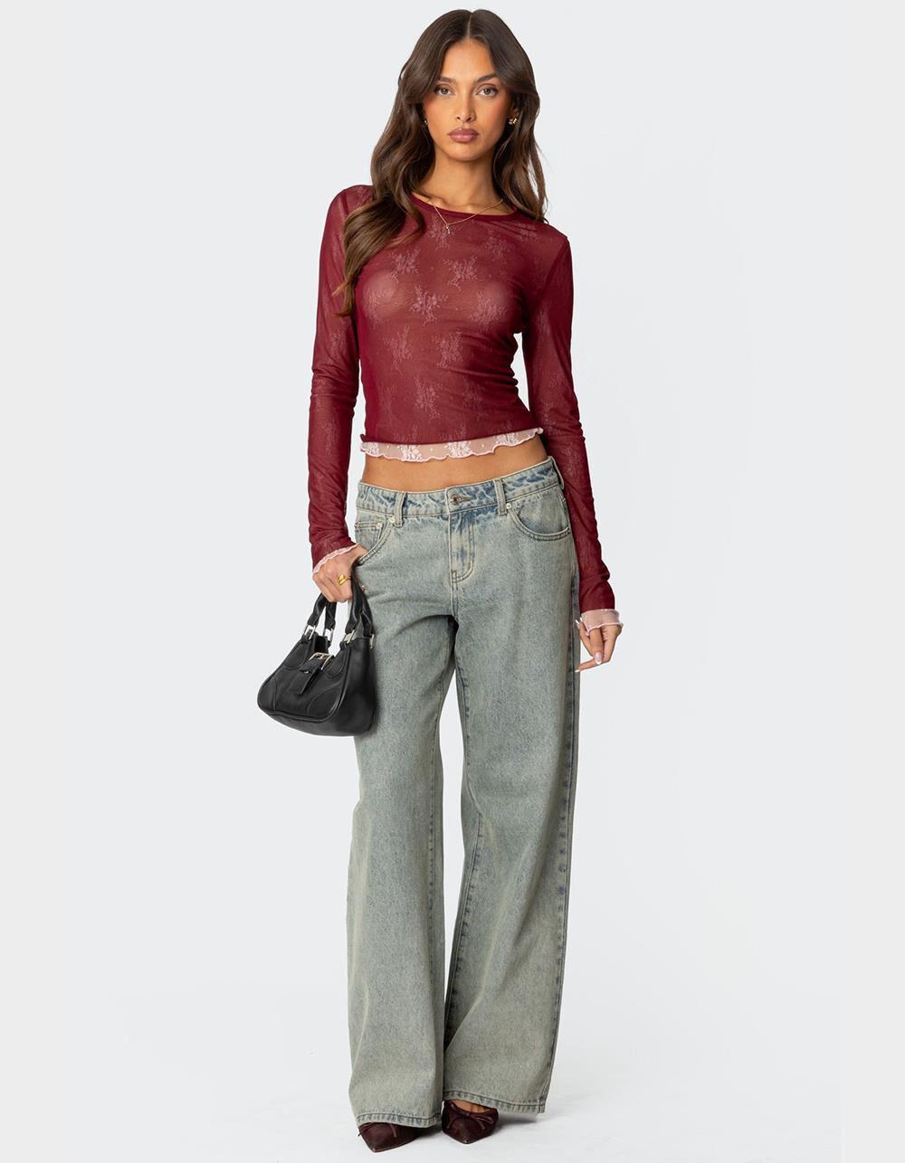 EDIKTED Lacey Sheer Mesh Crew Neck Top Product Image